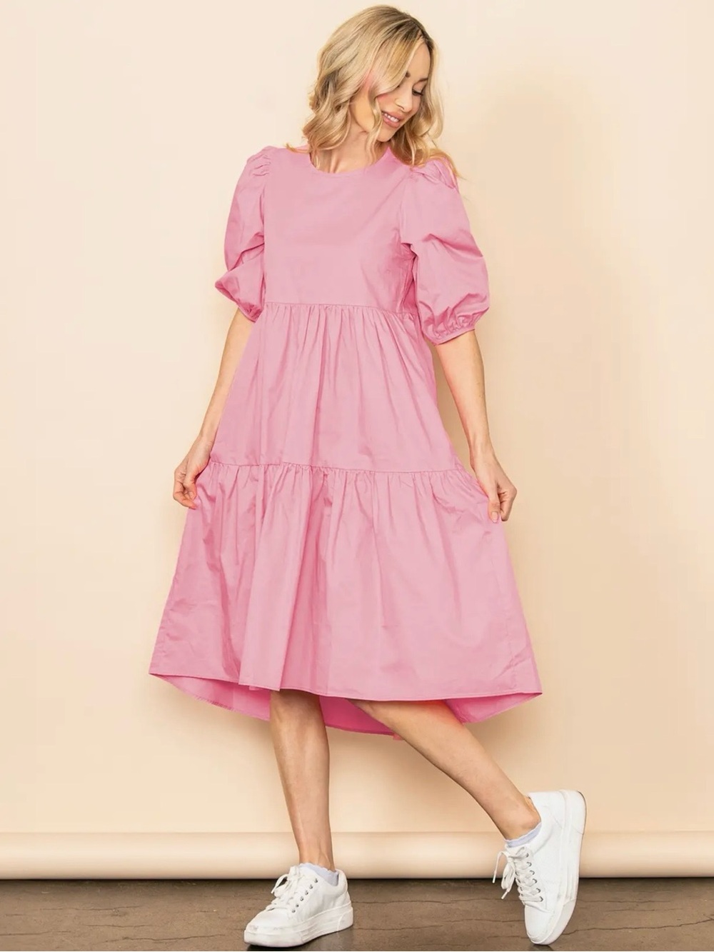 Elloh Blush colorPuff-Sleeve Tiered Midi Dress